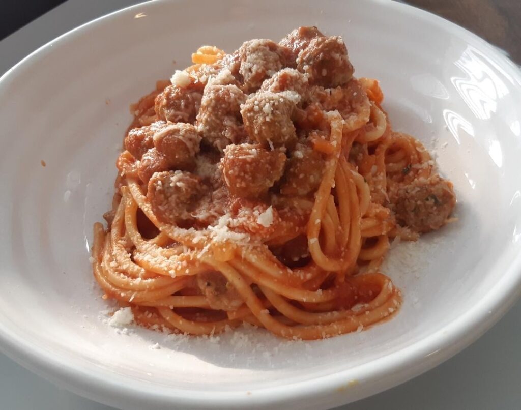 Spaghetti and tiny meatballs