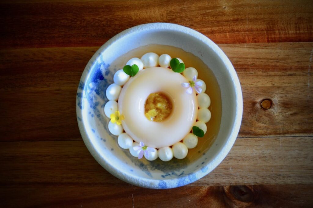 Pineapple Mousse, Vanilla-Roasted Pineapple, Fermented Strawberry Consomme