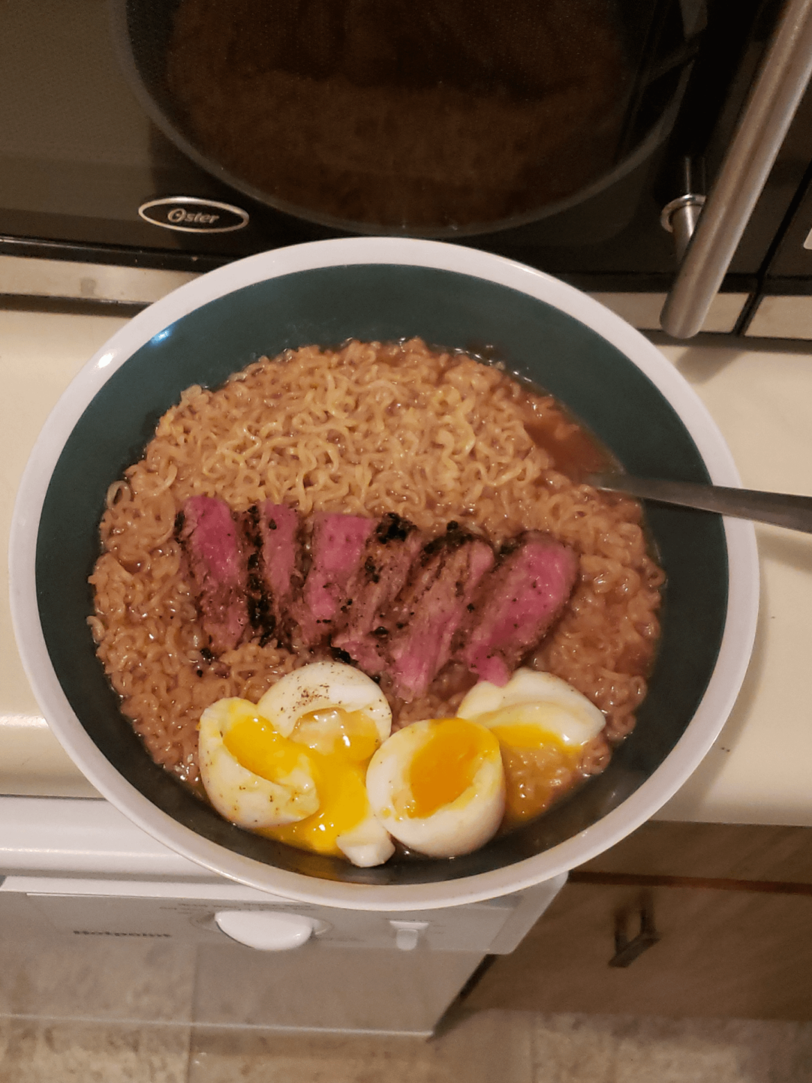 Steak Ramen and easy boiled eggs on top