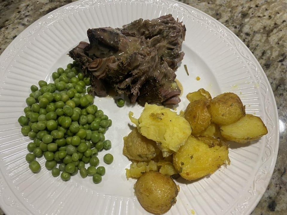 Slow cooker leg of lamb with gravy, duckfat potatoes and pes Dining and Cooking