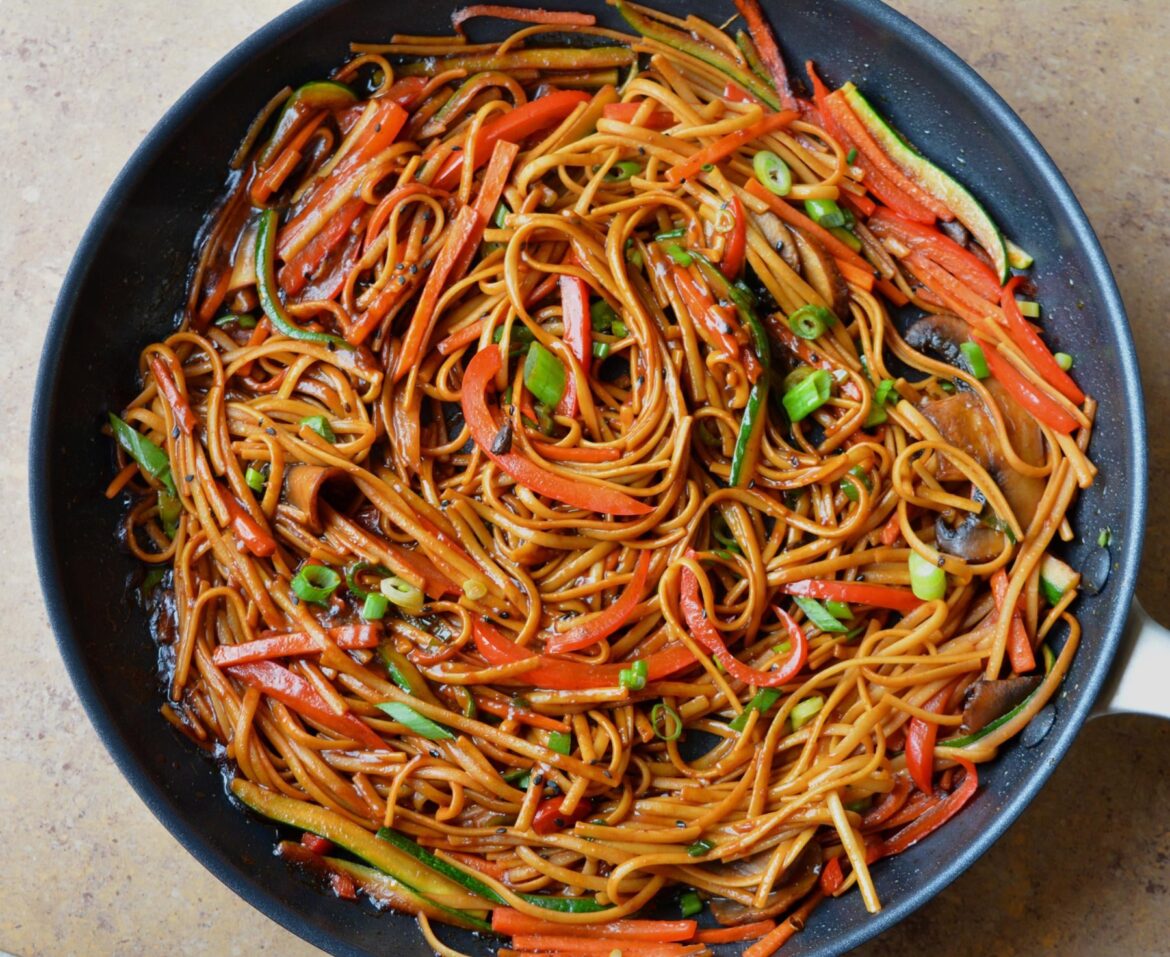 Entire pan of veggie noodle stir fry is only 496 cal and has 44 g of protein.