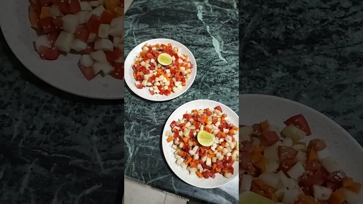Israeli salad prepared in restaurant kitchen
