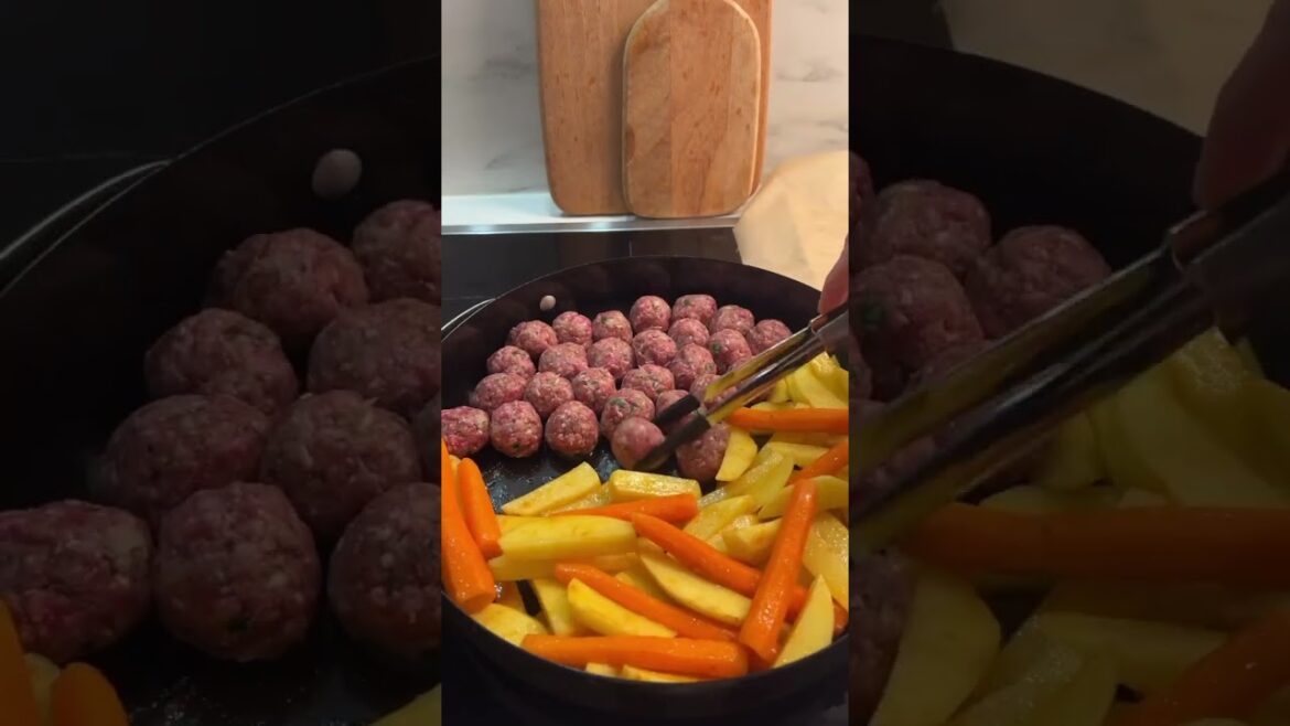 Meatballs with Potatoes and Carrots from the Oven, Turkish Bulgur Rice, and Salad with Red Cabbage