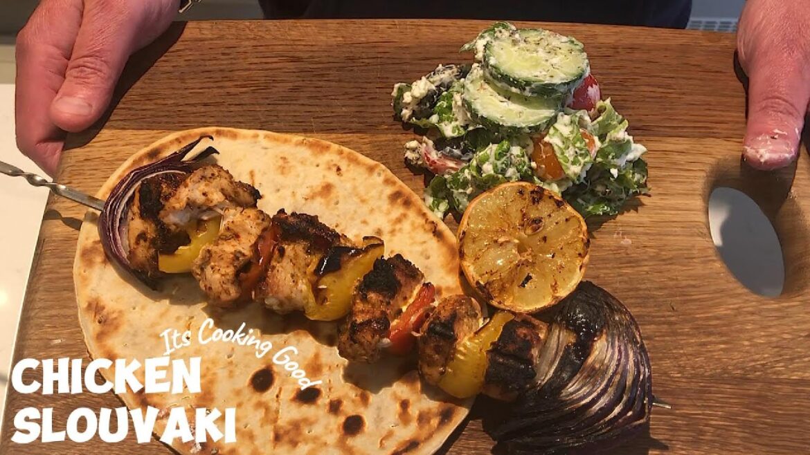 Chicken Slouvaki & Greek Salad -  Big Green Egg - Peppers, onion & wrap.