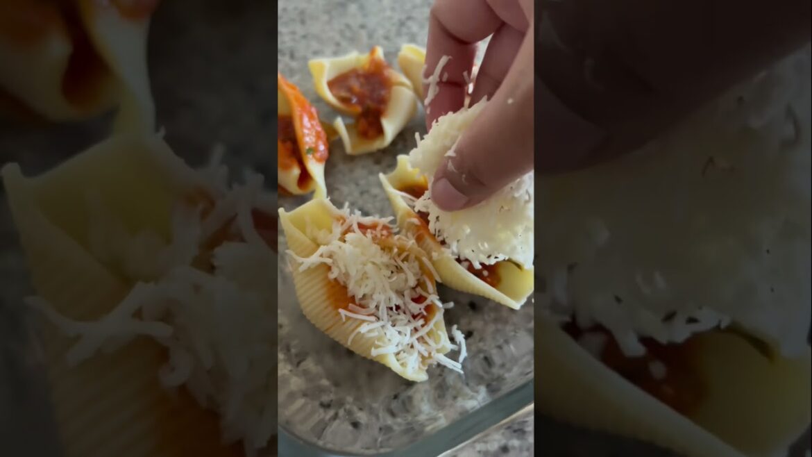Jumbo Shells, filled with Marinara sauce, topped with cheese. #youtubeshorts #recipe