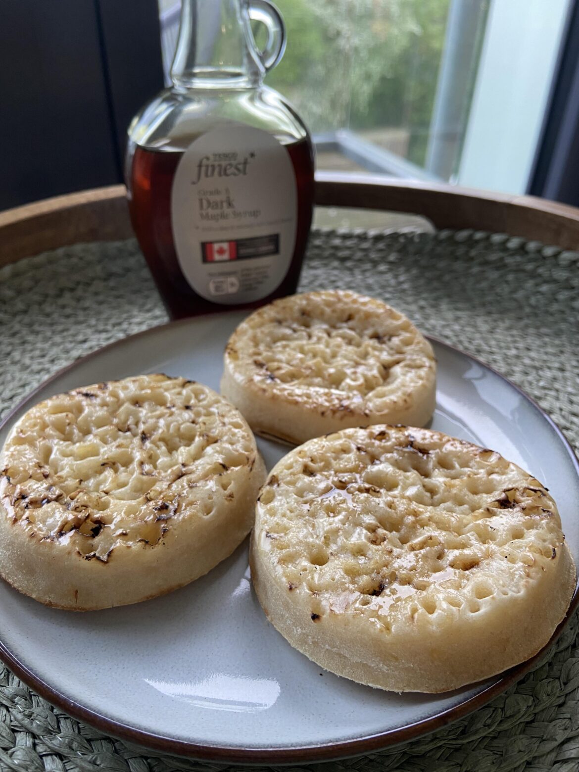 Crumpets with salted butter and maple syrup ❤️