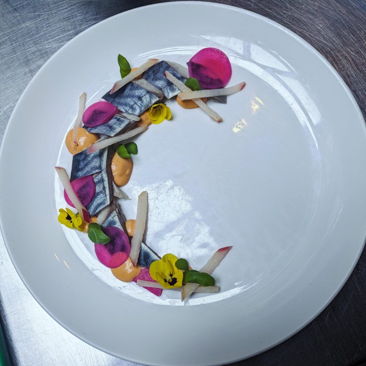 Soused mackerel with lemon soaked apple batons, pickled radish and gochujang mayo