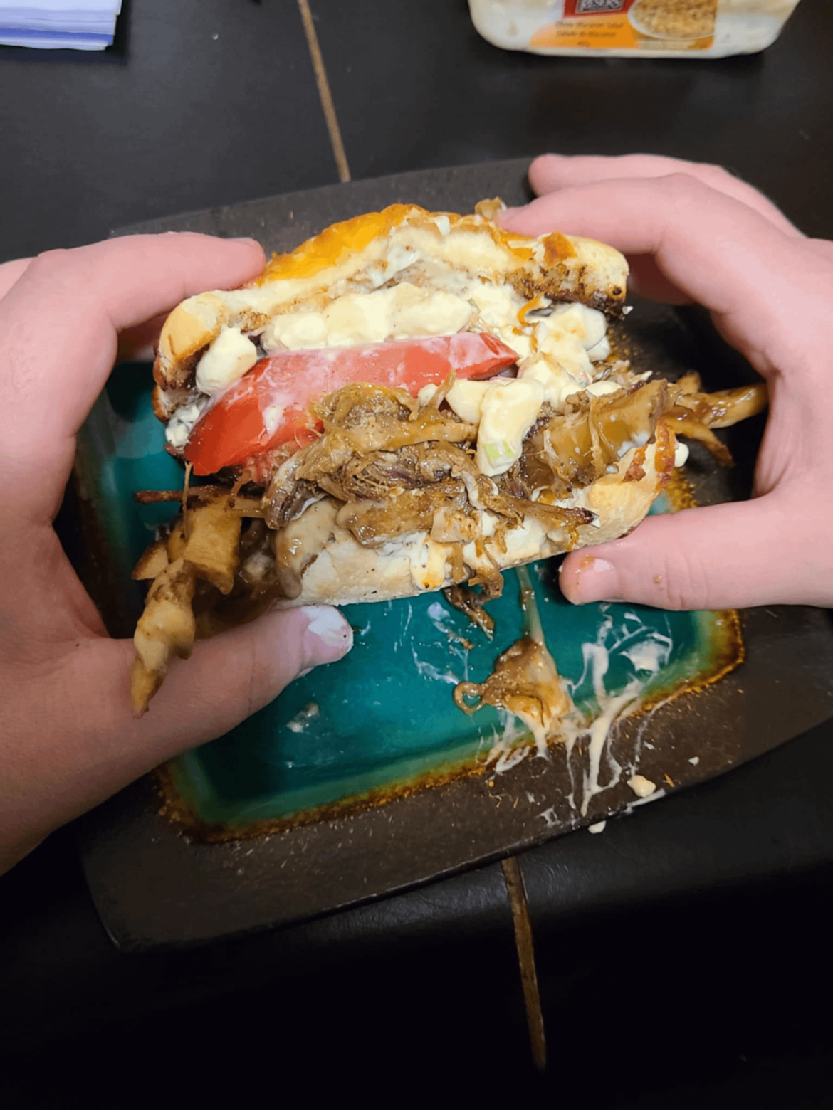 I made the weirdest sandwich for lunch. It's pulled pork poutine, tomato, macaroni salad on a cheese bun