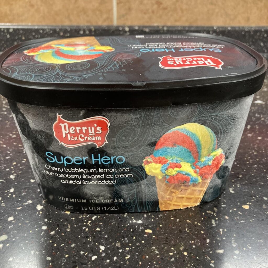Perry’s Super Hero ice cream: reminds me of ice cream truck character pops (SpongeBob)!