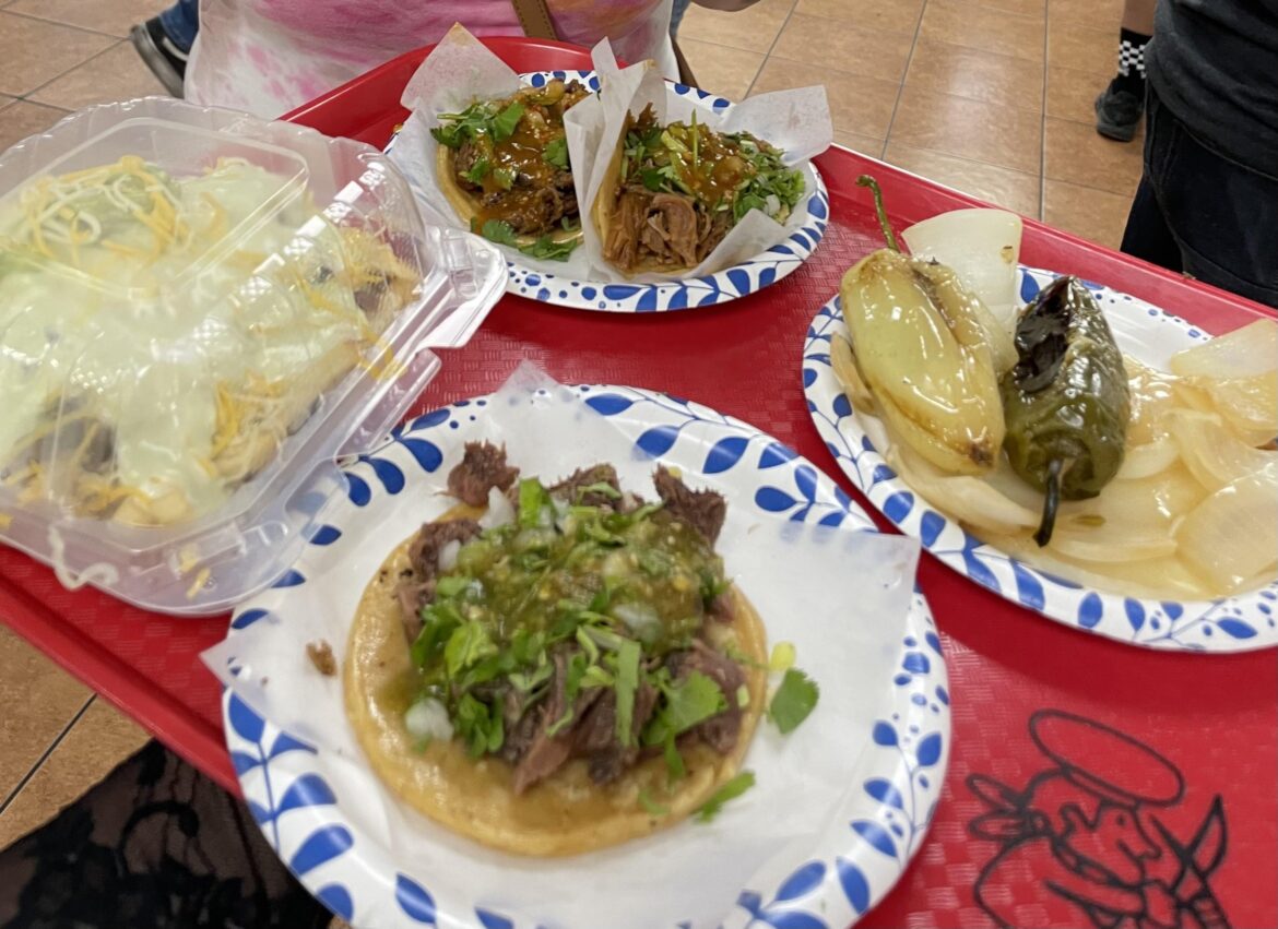 Tacos de tripa, suadero and carne asada fries