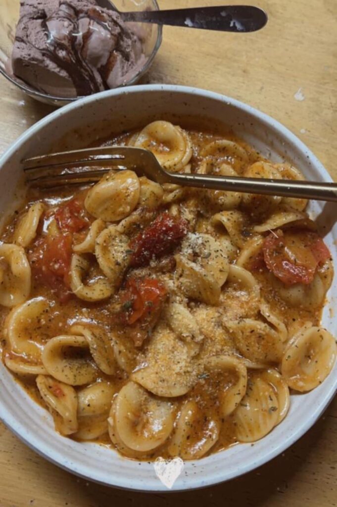 Red Sauce Shell Pasta topped with Parmesan!