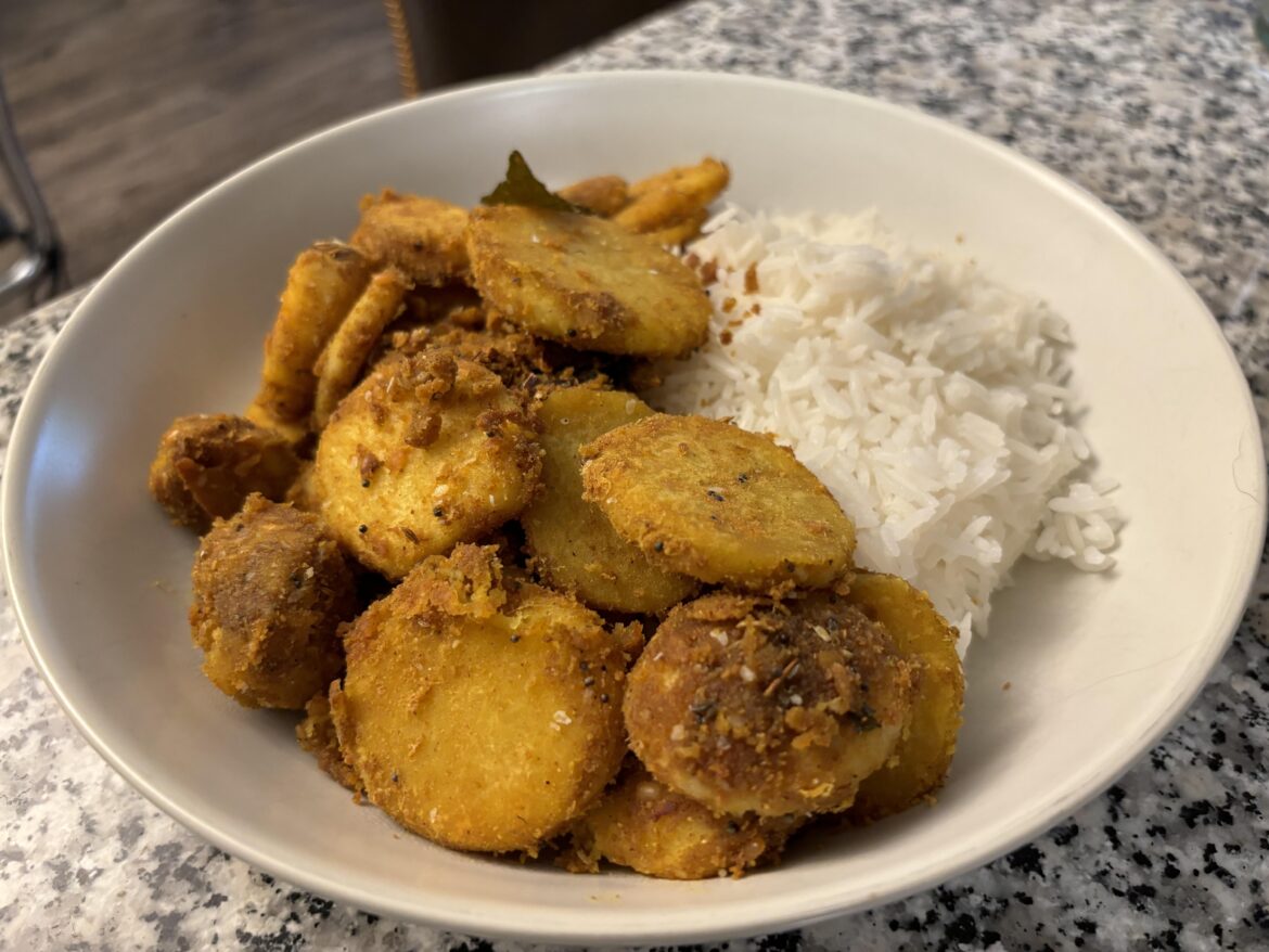 South Indian fried taro root curry