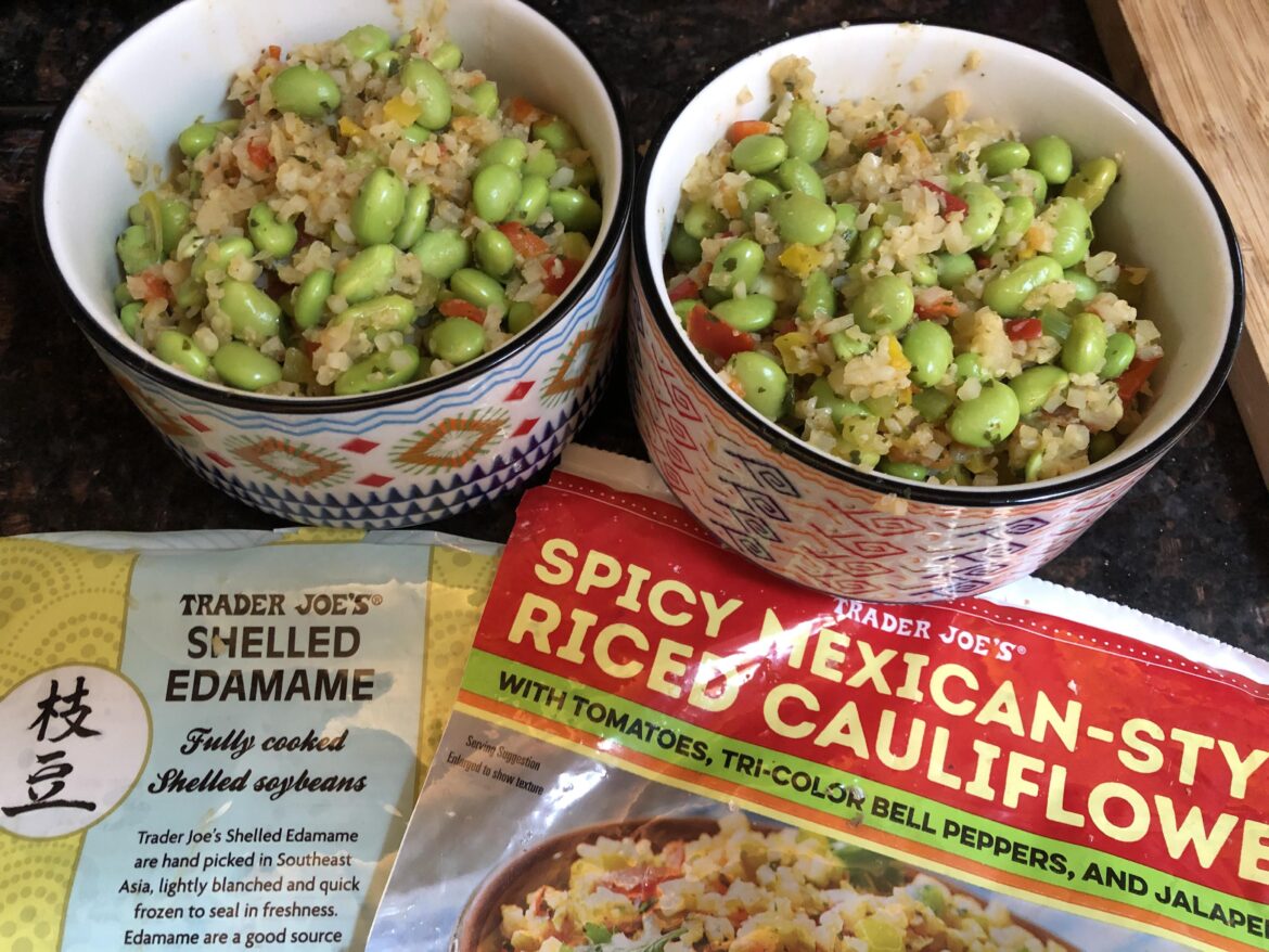 Combine these two bags from Trader Joes to make two servings: each serving is 300 cal and 20 protein! Costs about 2 bucks per serving.