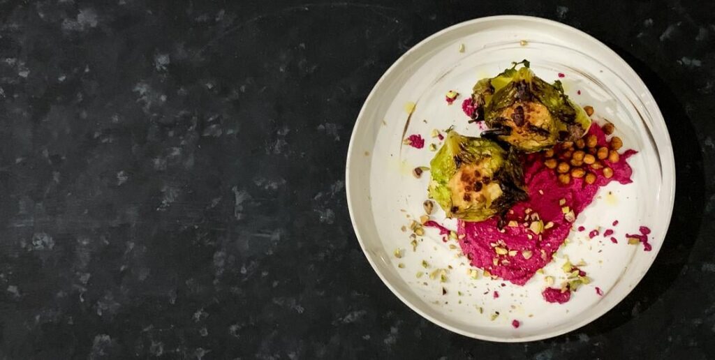 Baby Cauliflower and Spiced Chickpeas with Beetroot Tahini