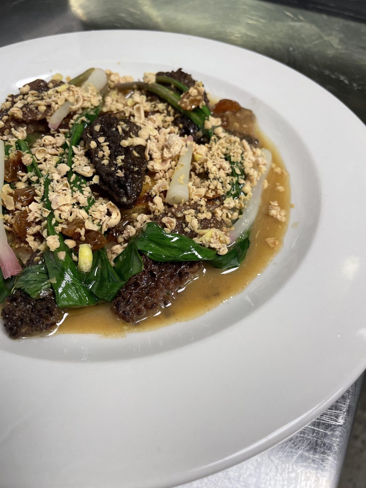 Morel toast, ramps, rasins, morel jus, foie