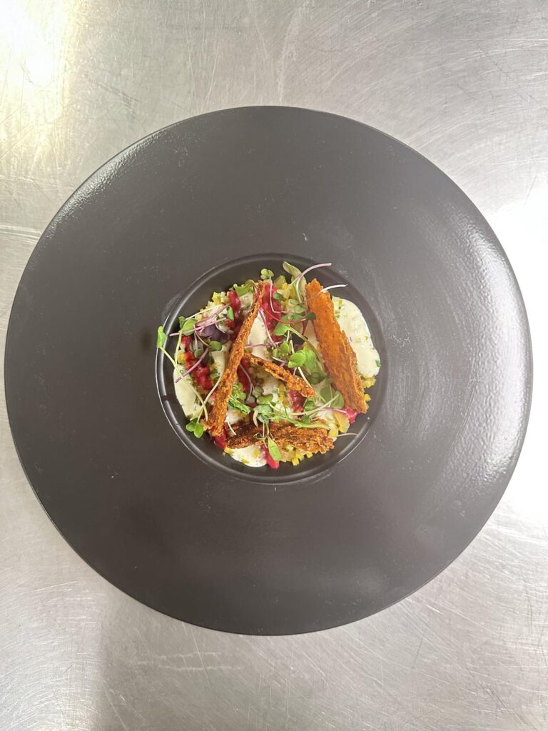 Beetroot “tartare”, purée, preserved lemon vinaigrette, beetroot crisps