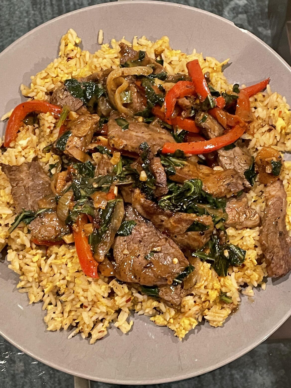 [OC] Beef stir fry over fried rice