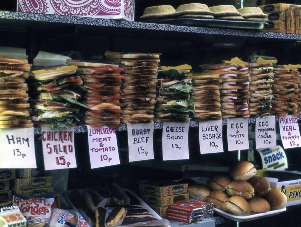 Sandwiches for sale in London, 1972