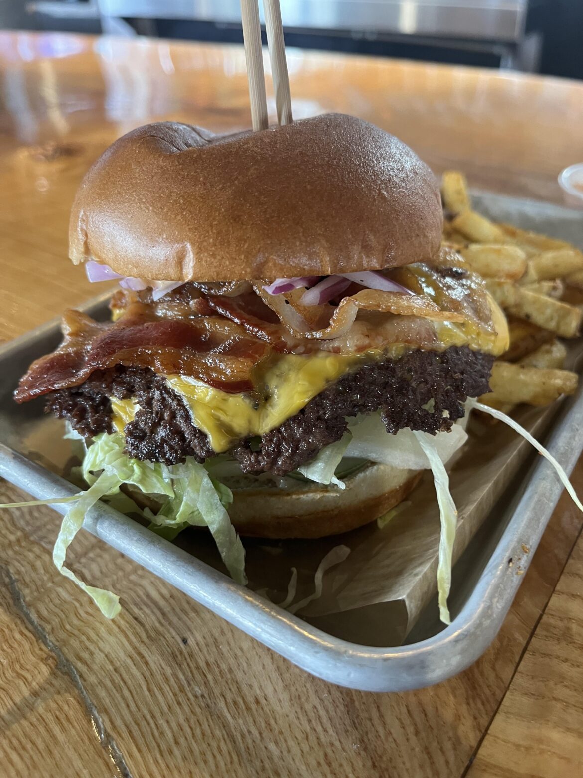 Delicious smash burger at my local brewery. It has beef heart in the patties