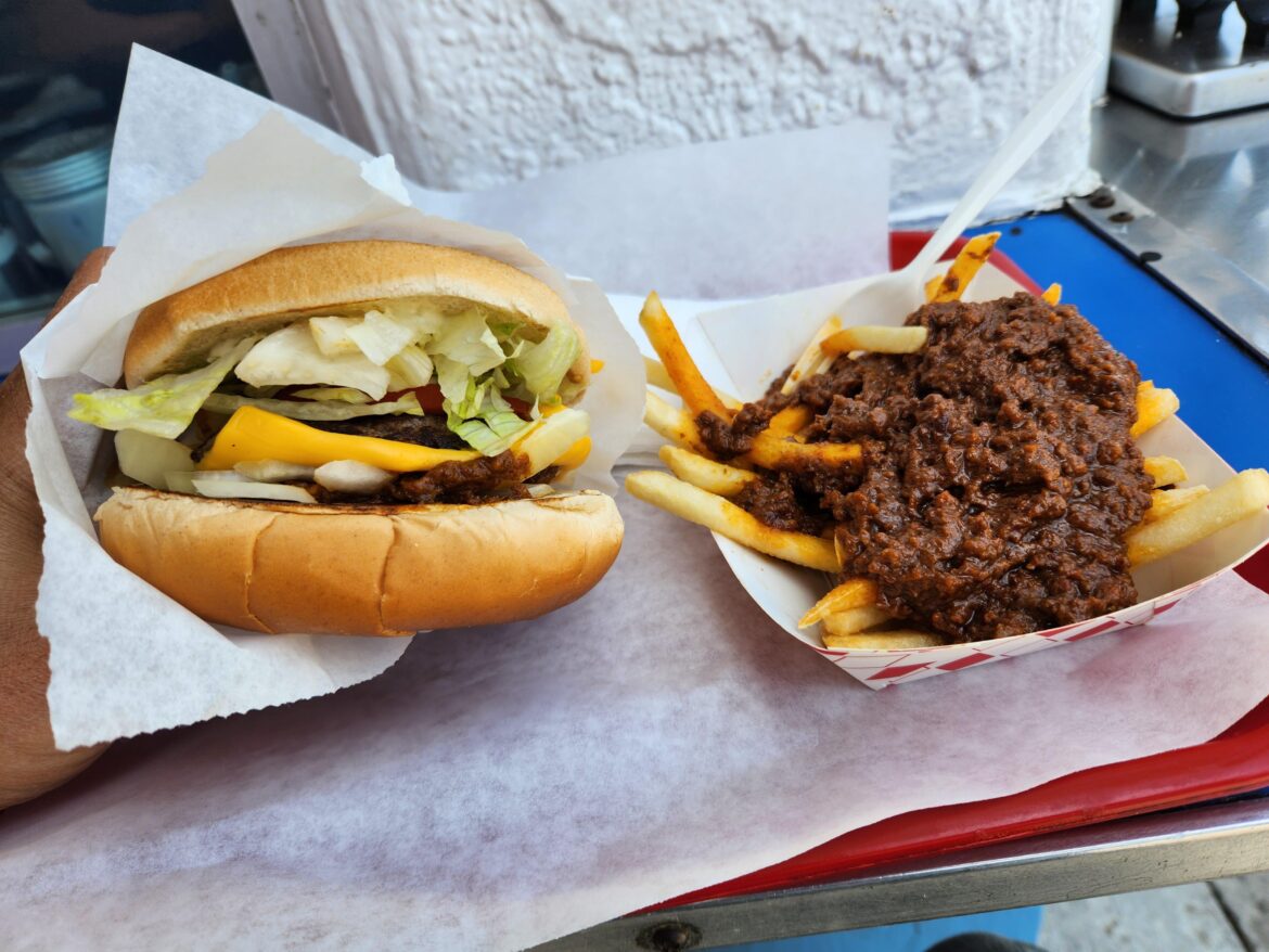Chili cheeseburger and chili fries (root beer not shown) for $16 - Marty's