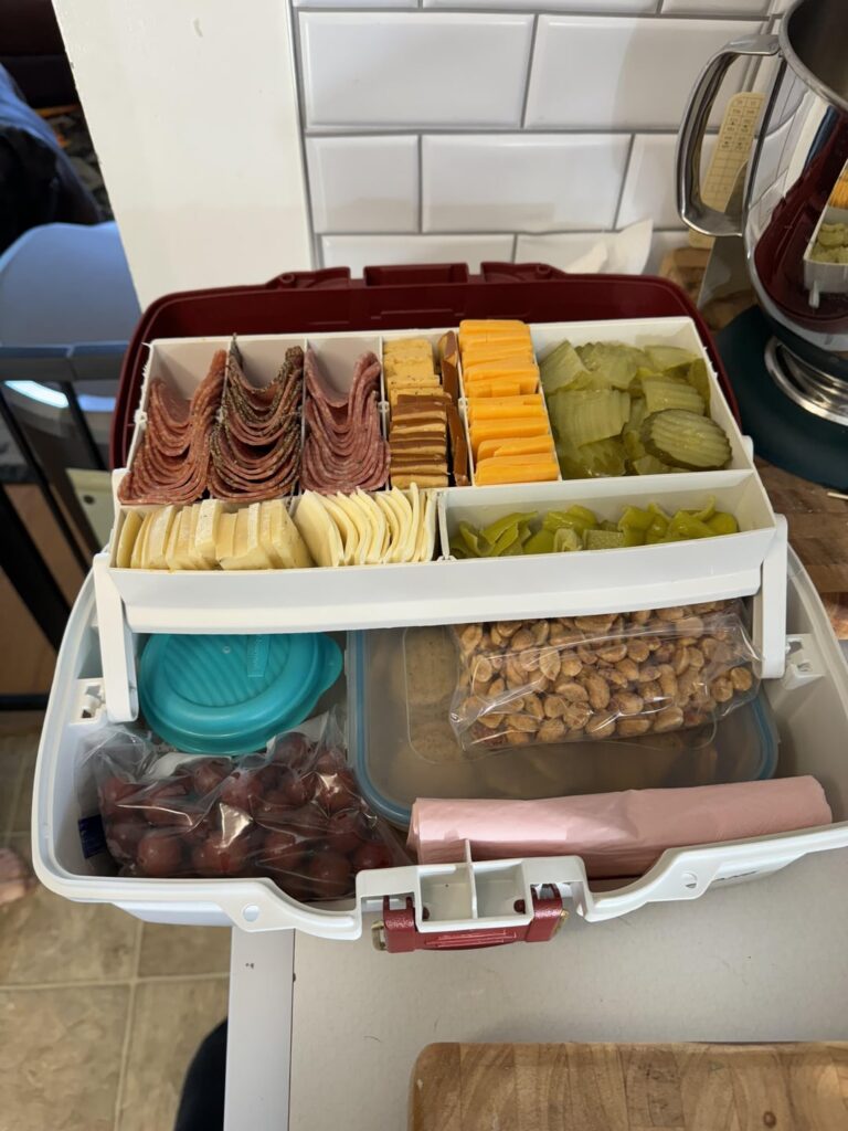 Introducing the road trip friendly “car-cuterie board tackle box” courtesy of my girlfriend 😂