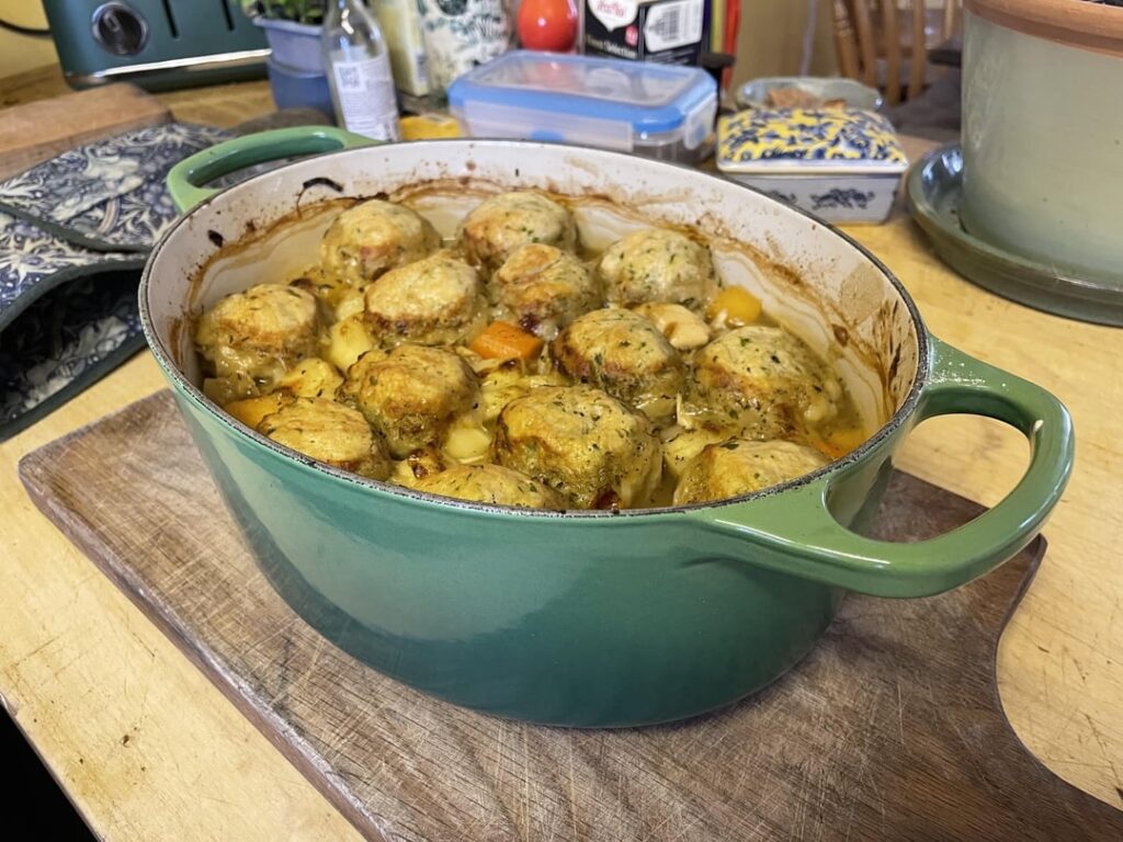 Chicken stew with proper suet dumplings for Sunday dinner.