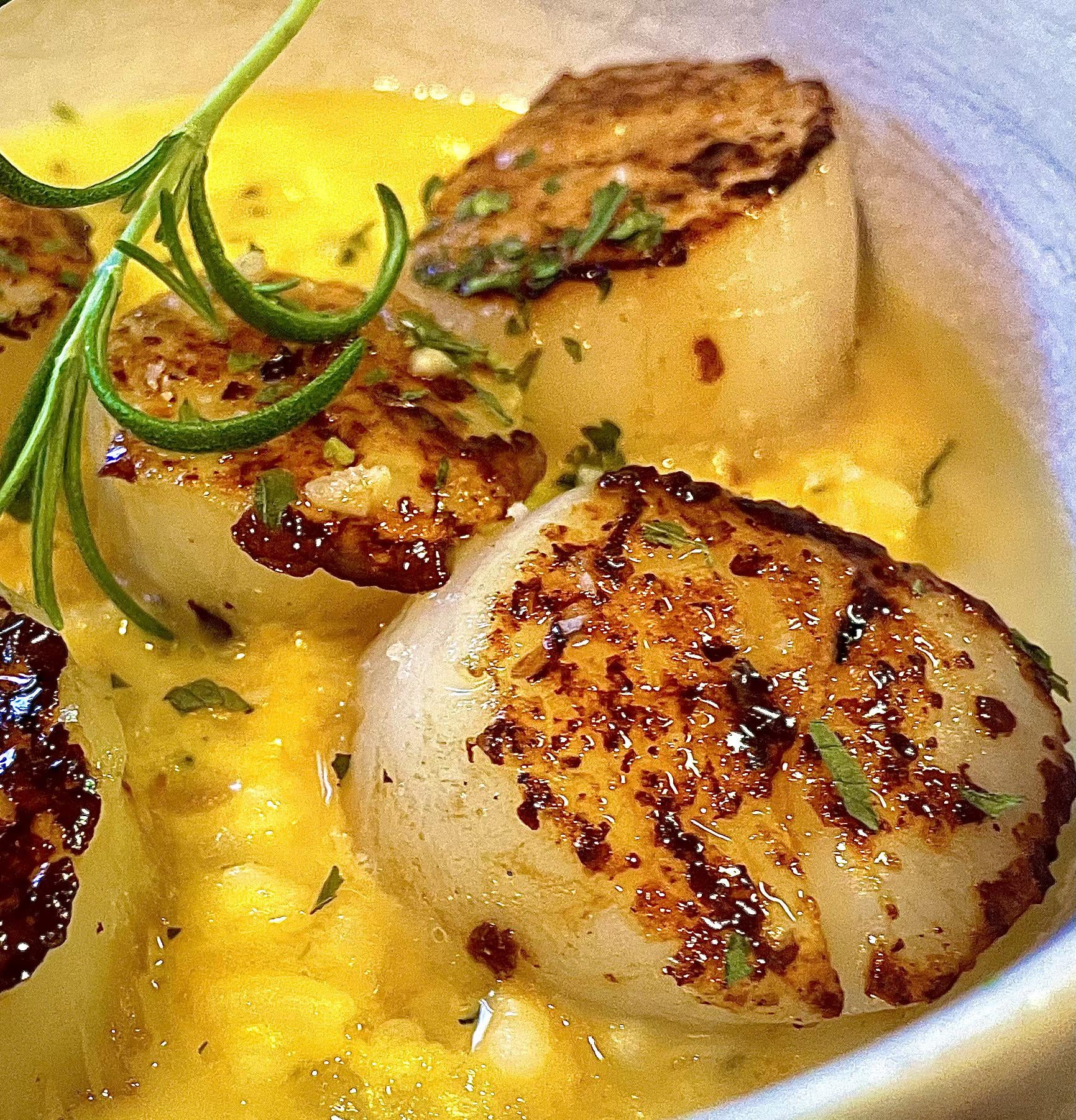 [Homemade] Scallops over Broccoli and Cheese Rice with Buerre Monte and ...