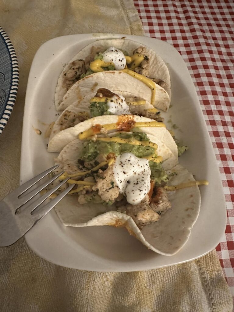 112 grams of ground turkey and 3 keto mission tortillas at 75 cal each!