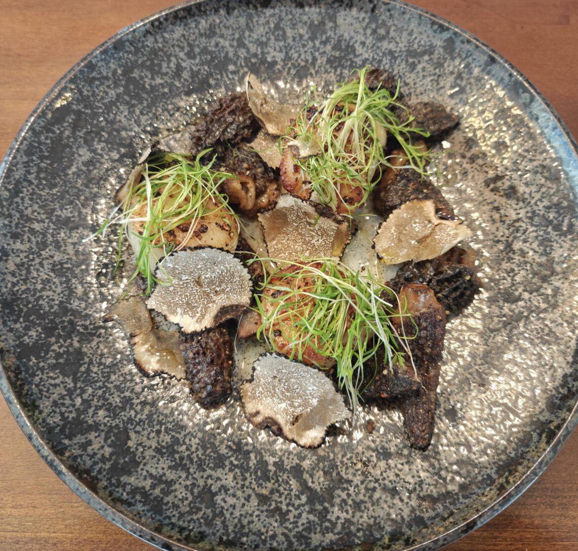 Scallop, Morrels, and Summer Truffles topped with Carrot Microgreen