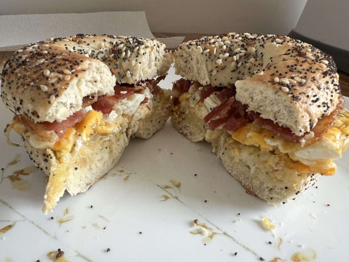 Breakfast classic- bacon egg & cheese on everything bagel