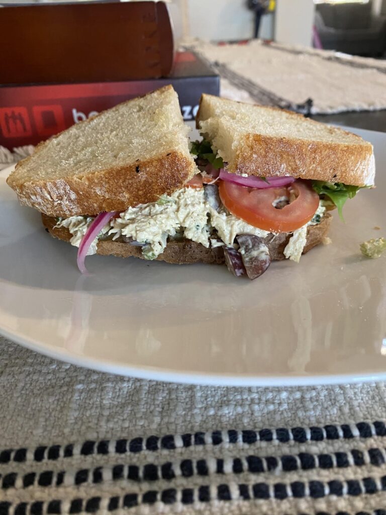 Chicken salad, pickled red onions, Roma tomato and spring mix on home made sourdough 😪👌🏼