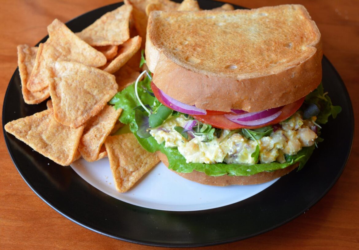 32 g of protein, 398 cal for entire plate. Chickpea & tofu salad sandwich with nacho protein chips.