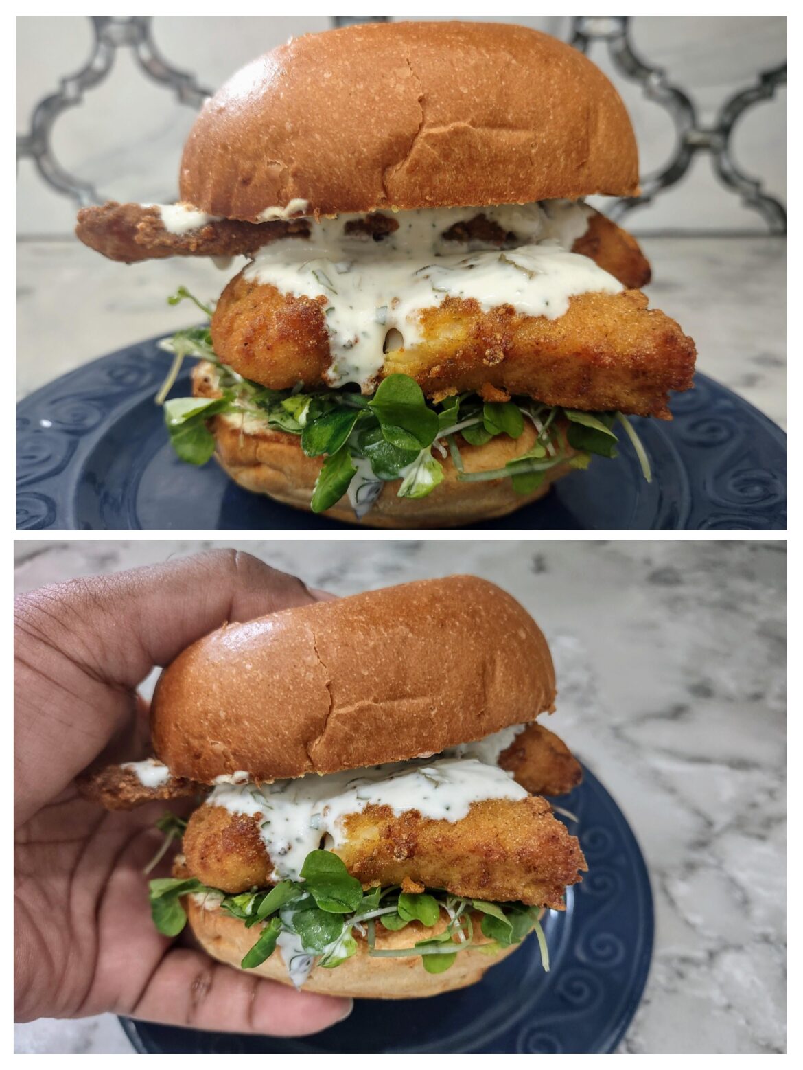Homemade Crispy Fish Sandwich - Fried Cod Fillets with Tartar Sauce, Micro-Greens, and Avocado Mayo on Brioche Bun.