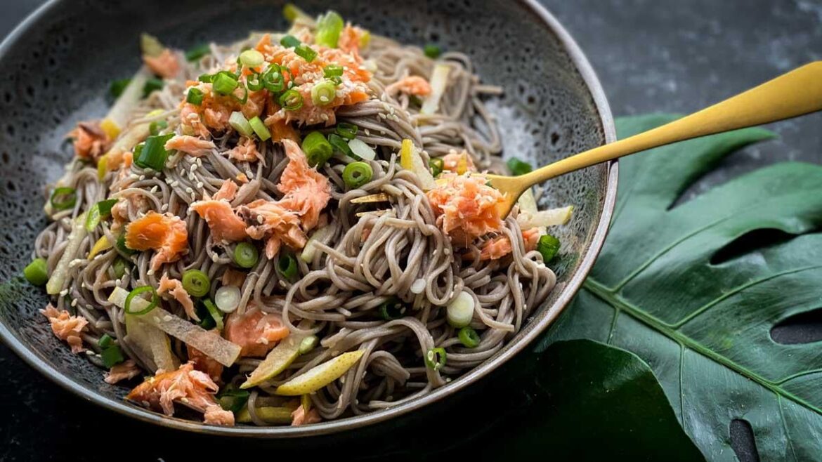 Asian Pear Salad with Soba and Hot Smoked Salmon