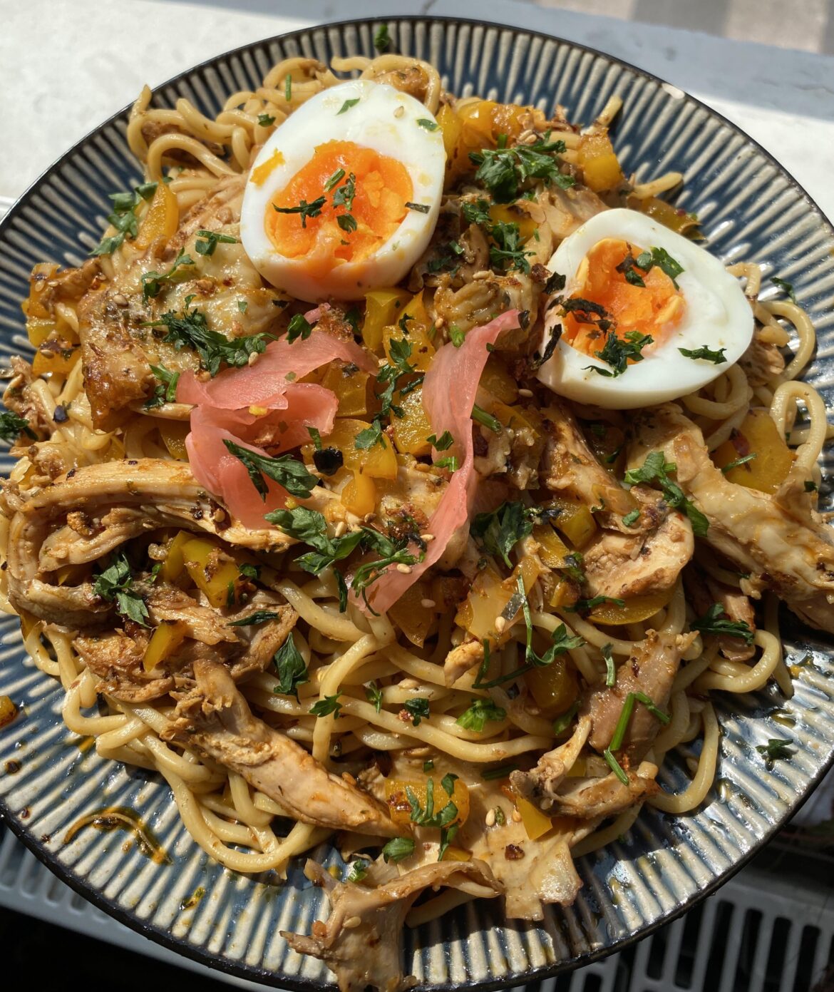 Chicken stir-fry, British burford browns and sunshine :)