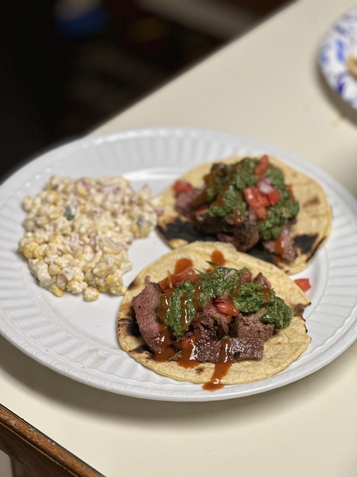 [homemade] Flat-Iron Steak Tacos with Chimichurri and Street Corn Dip
