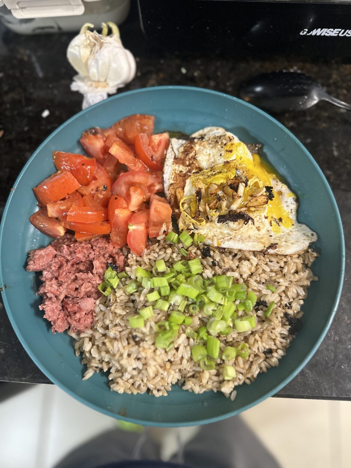 Egg, corned beef, tomato, brown rice, green onion, and fried garlic