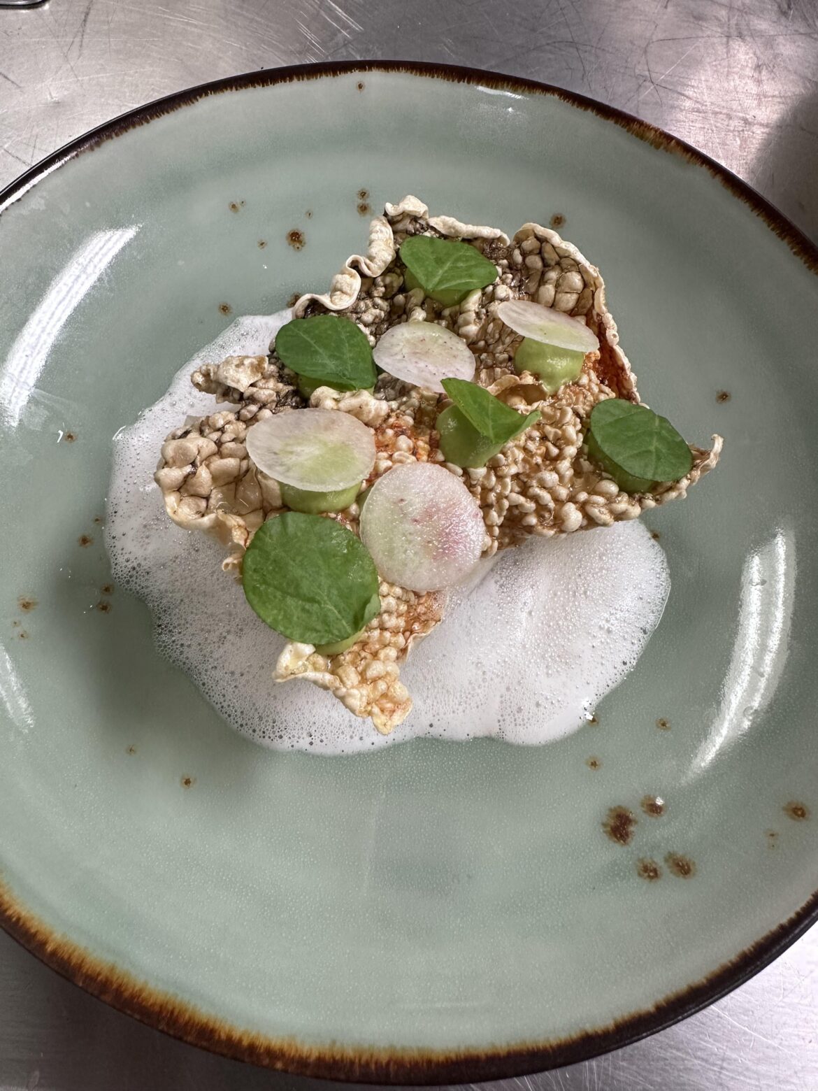 Ling cod, morels & shiitake mushrooms, summer pea purée, chicharrón, bonito consommé, yuzu foam