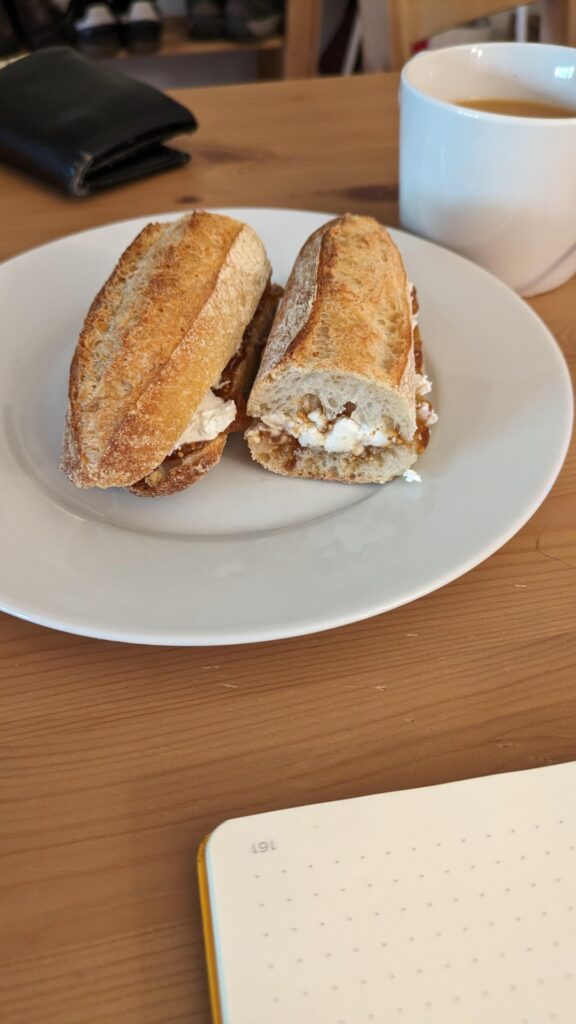 Fig jam and Brie for breakfast, sardines-lettuce-tomato for lunch