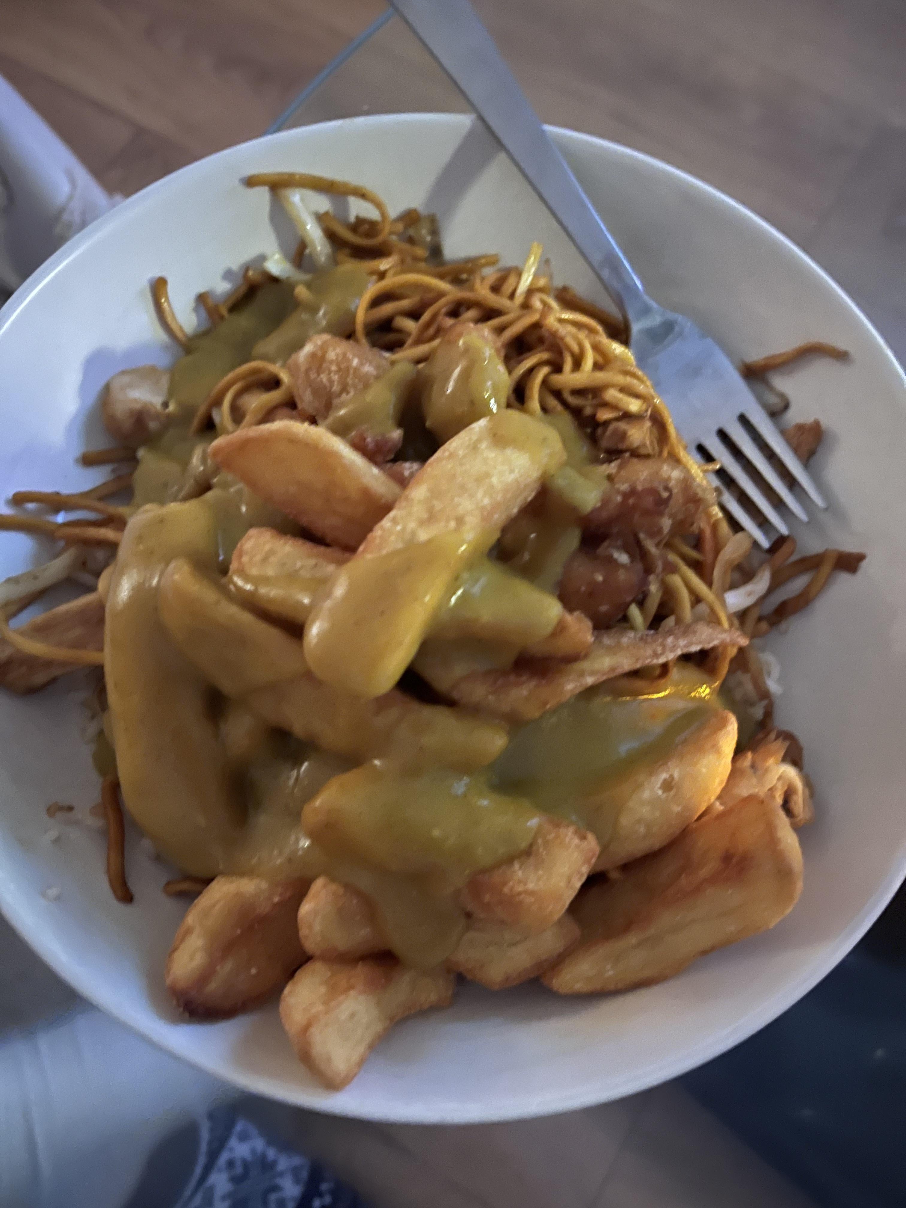 Chicken chow mein, egg fried rice, salt and pepper chicken, chips