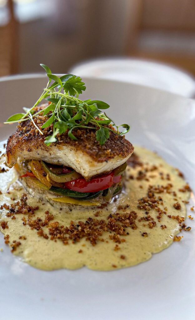 Pan Seared Grouper w/Corn Cream, Summer Veg, Duck Fat Cornbread Crumb