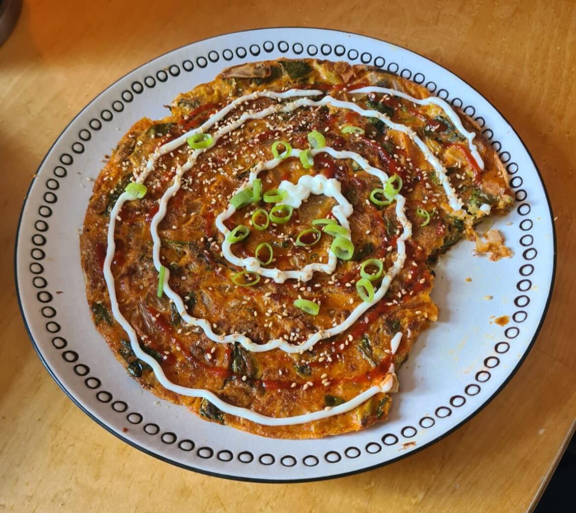 kimchi jeon with my homemade kimchi (sorry for the bite my korean sister in law was desperate to try)