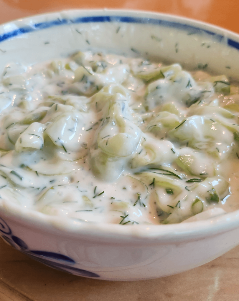 My current favourite afternoon snack: creamy cucumber salad; 190kcal, 12g of protein