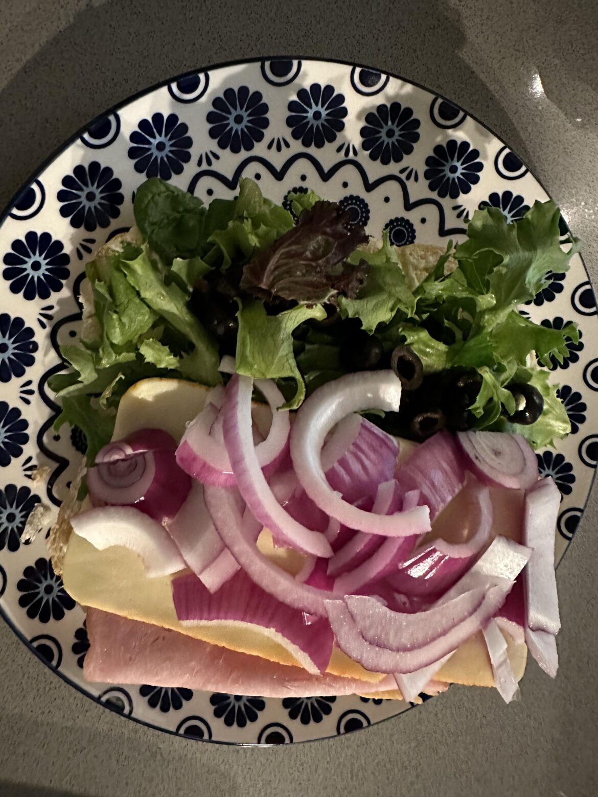 How I like my sandwich. I’ll add extra onion tomorrow when I eat this “sandwich” for lunch. I don’t like cutting it up too much.