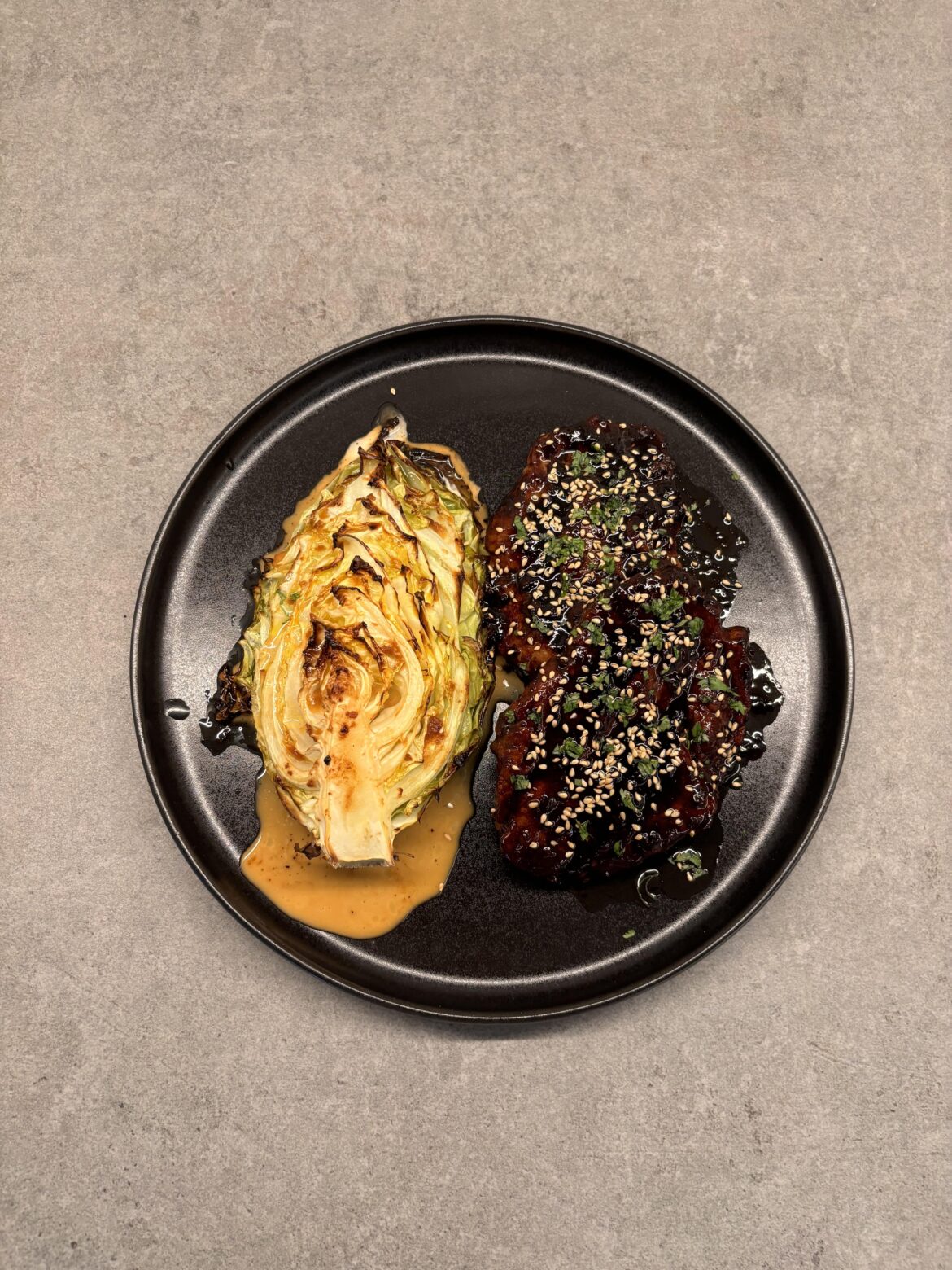 pork neck with miso braised cabbage