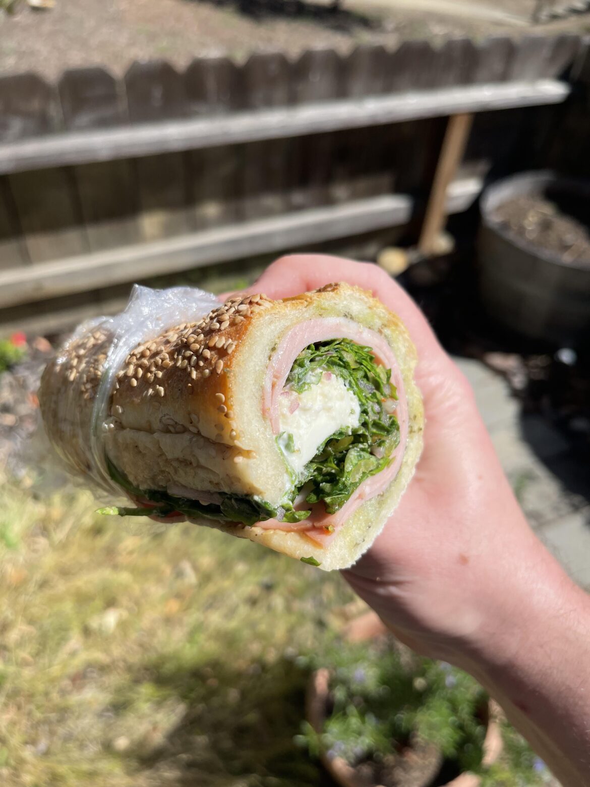 Homemade roll, mortadella, pesto, burrata, arugula/red onion/pickled pepper/red wine vinaigrette salad