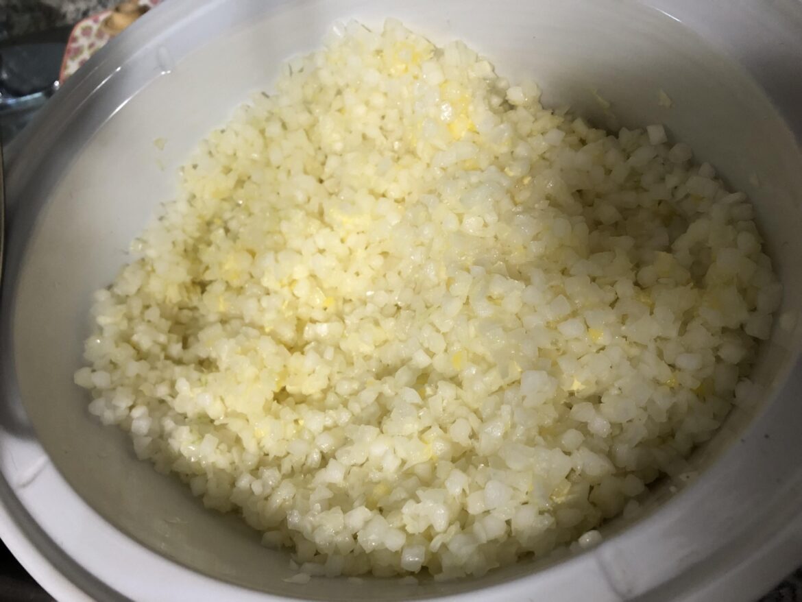 Hello, it’s me again. I bought another 5lbs of diced onions; straight into the crock pot!