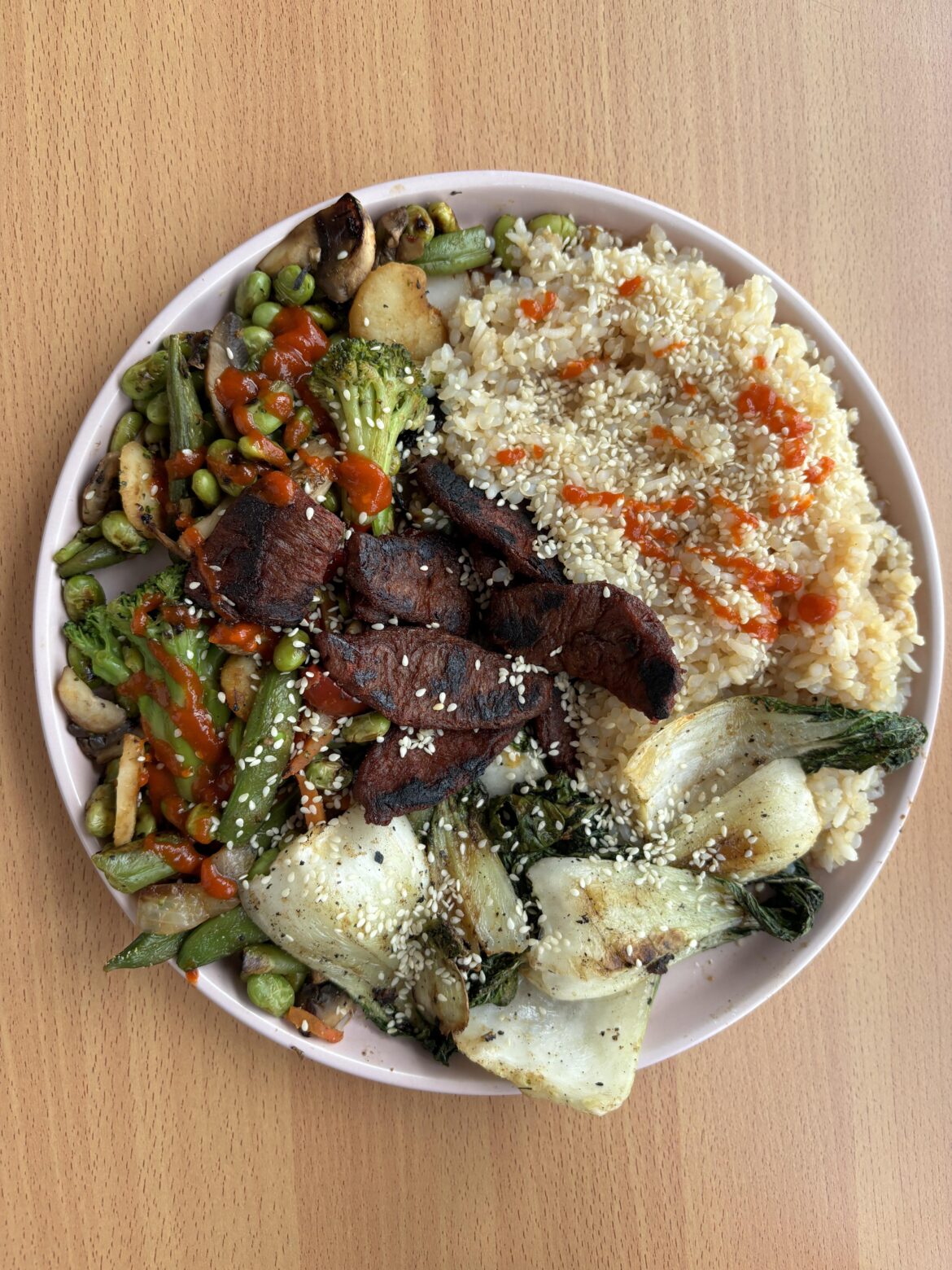 stir fry veggies with plant based gochujang steak - 605 calories