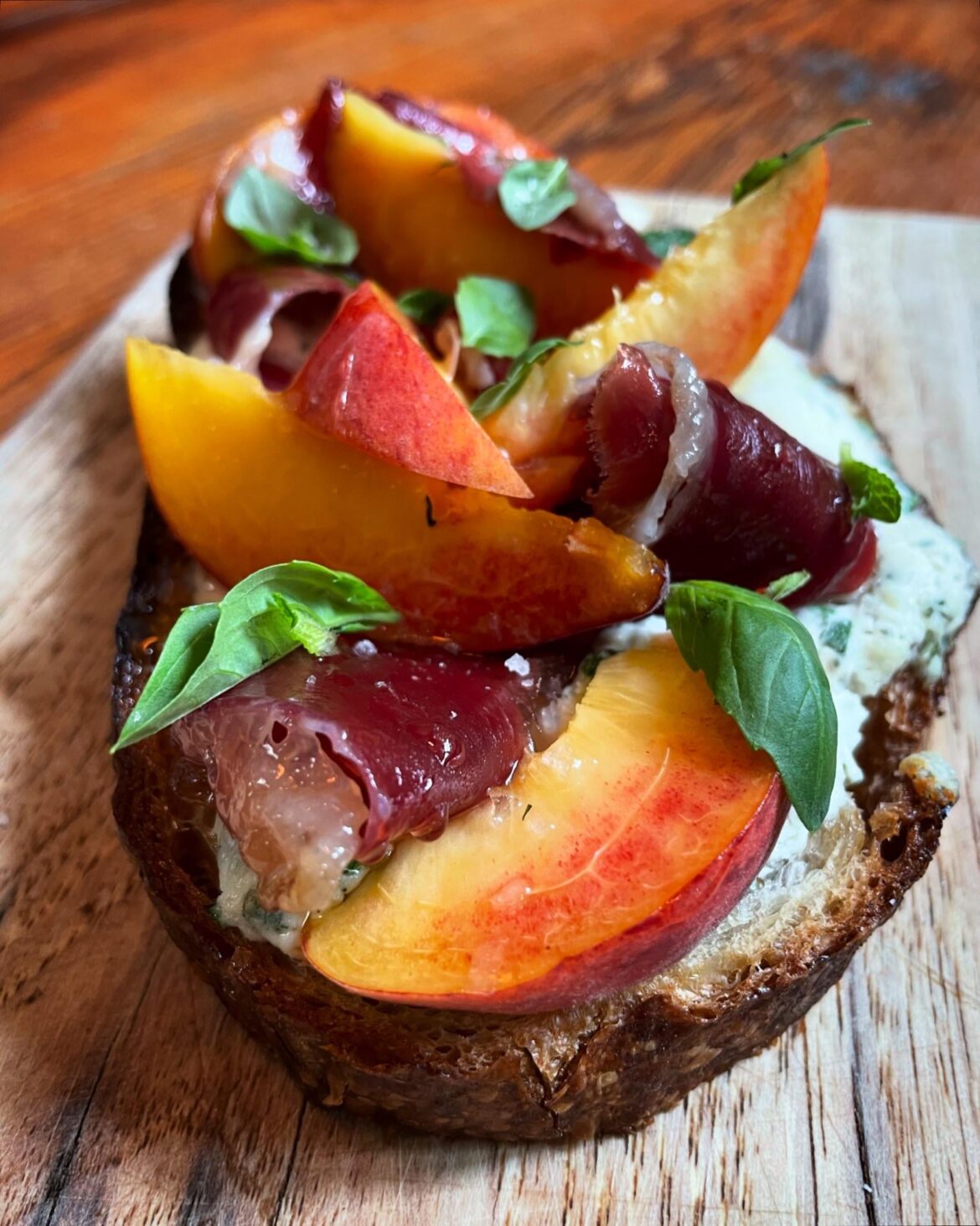 Duck prosciutto, peach, basil, honey, herbed chevre, sourdough