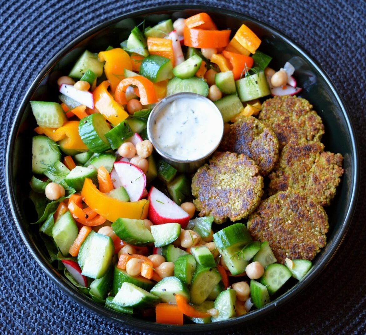 Falafels, tzaziki dip, and chickpea veggie salad with vinaigrette(369)